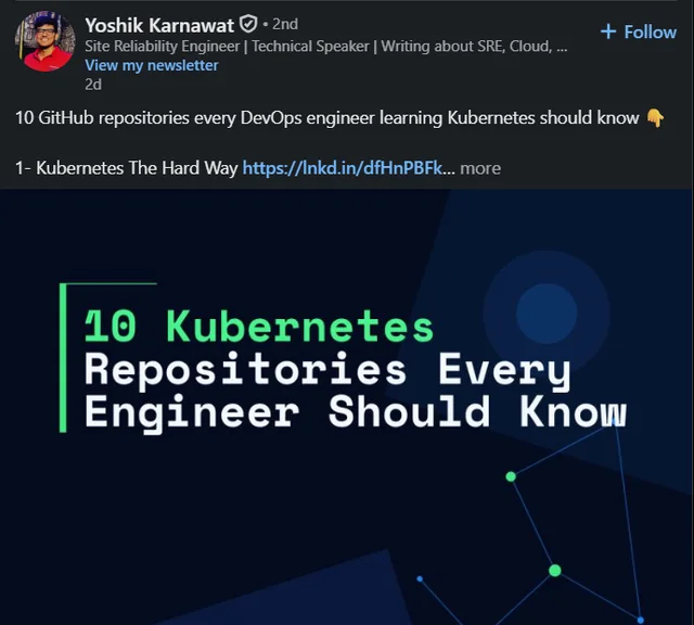 LinkedIn screenshot: 10 Kubernetes repos to know