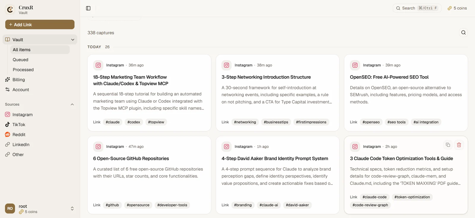 The Cruxr vault: 338 captures, with today's saves from Instagram each summarised with a title, a short description and tags.